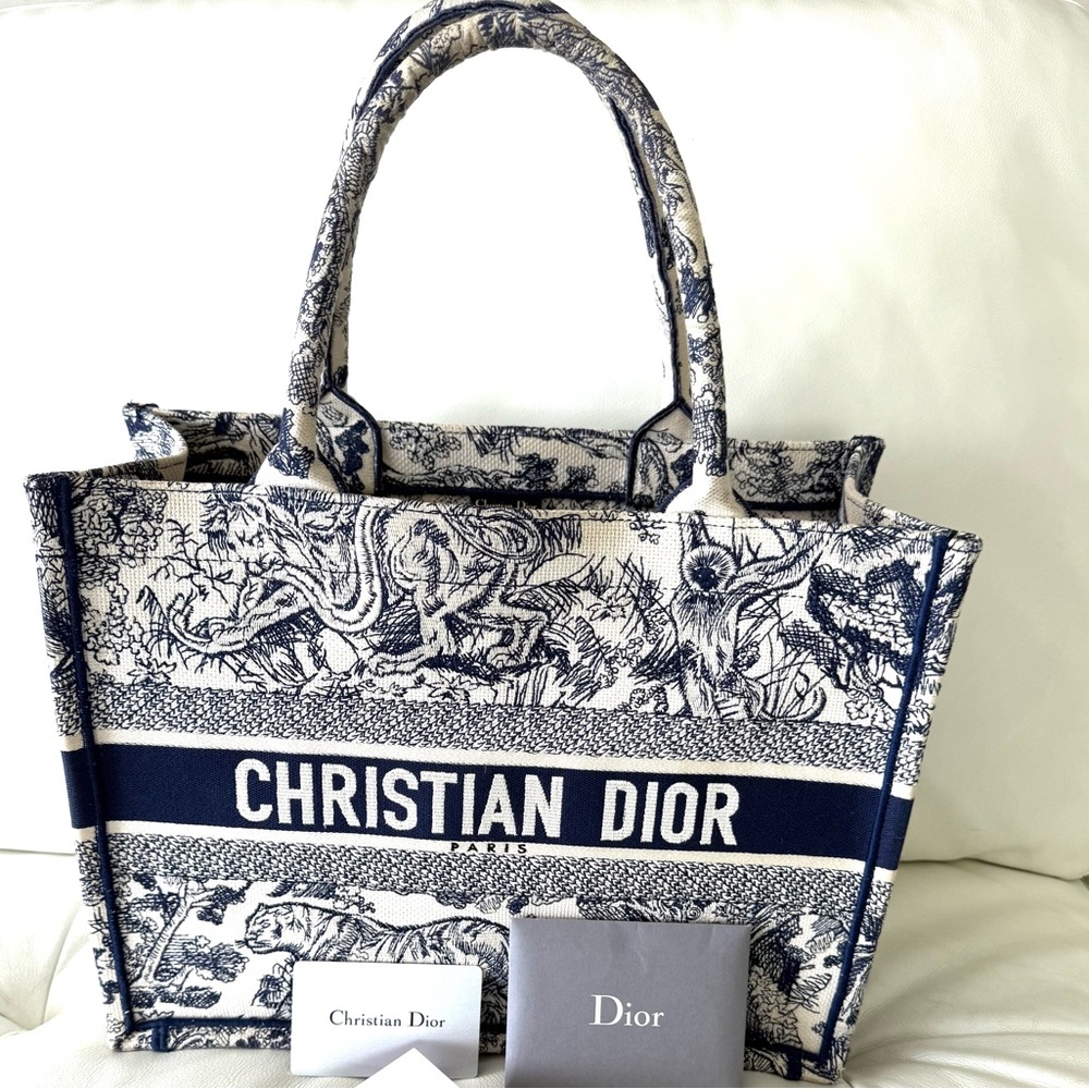 Christian Dior Medium Tote Ecru and Blue Toile de Jouy Embroidery
